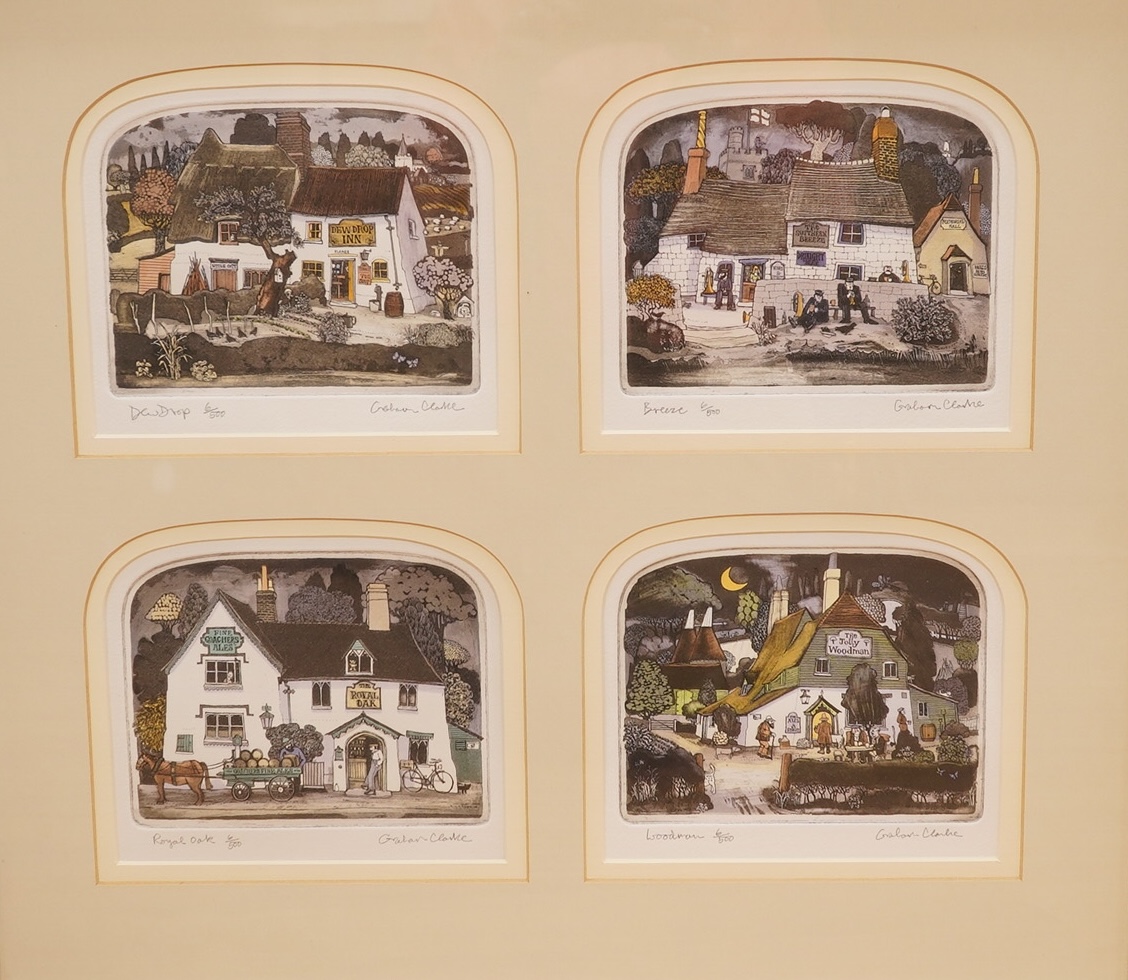 Graham Clarke (b.1941), set of four etchings with aquatint, comprising 'Dewdrop', 'Breeze', 'Royal oak' and 'Woodman', each signed in pencil, each limited edition 6/500, sheet uncut, overall size 54 x 60cm